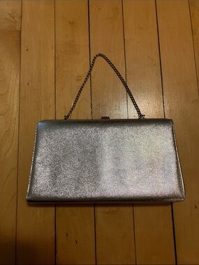 Vintage N/C Silver Sparkle Rectangular Square Clutch Hand Bag Clasp Metal Chain